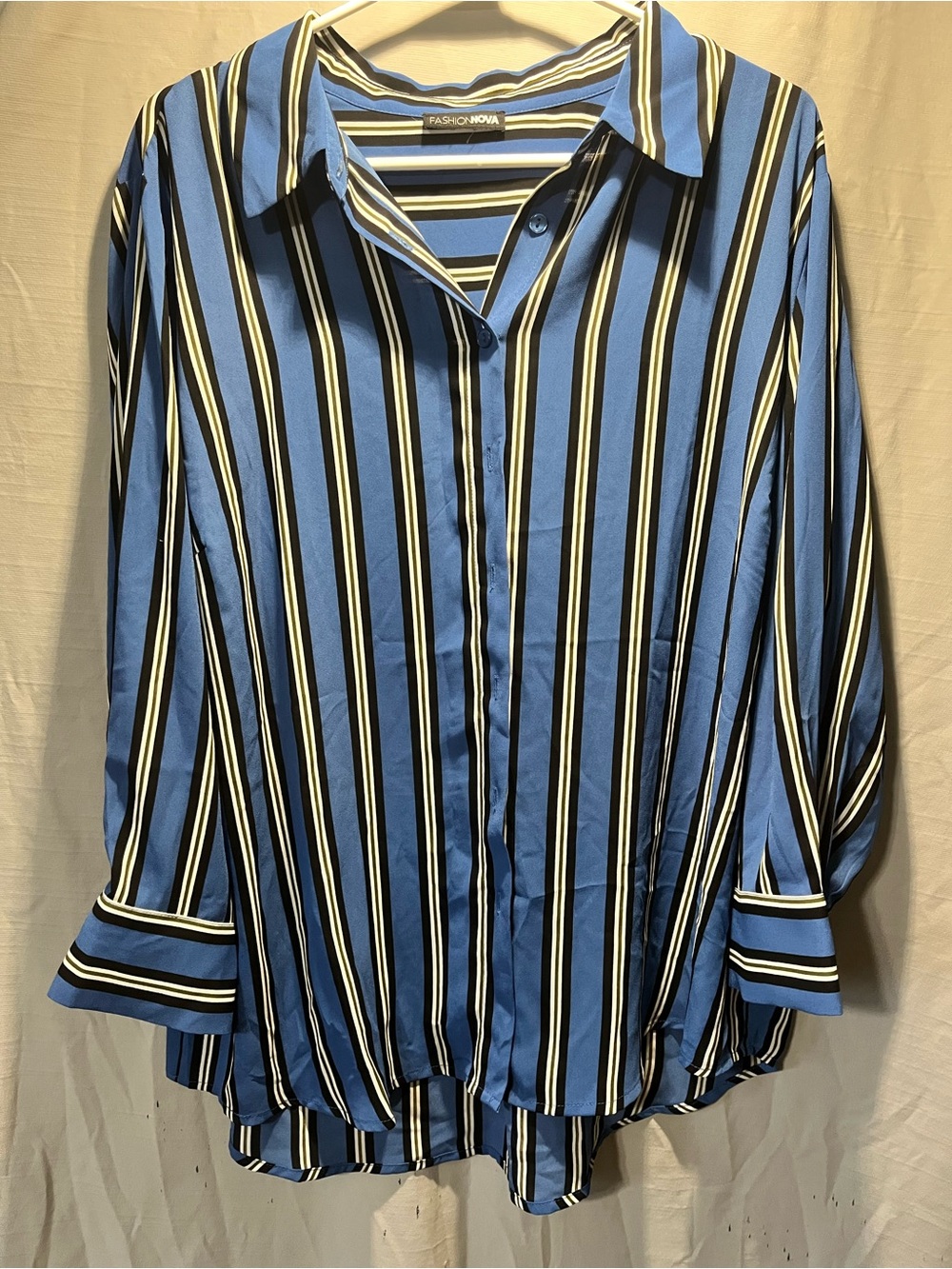 Fashion Nova Blue and Black Vertical Stripe Button-Down Shirt